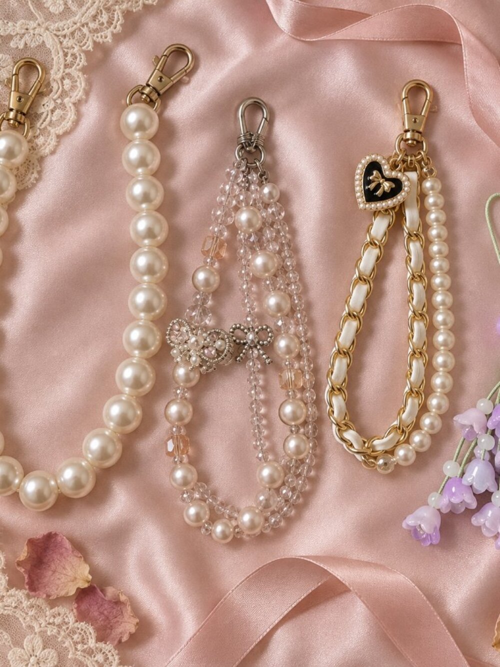 Coquette Bag Charm Set 4pc Pearl Bag Strap Pink Crystal Bow Charm Lily Charm
